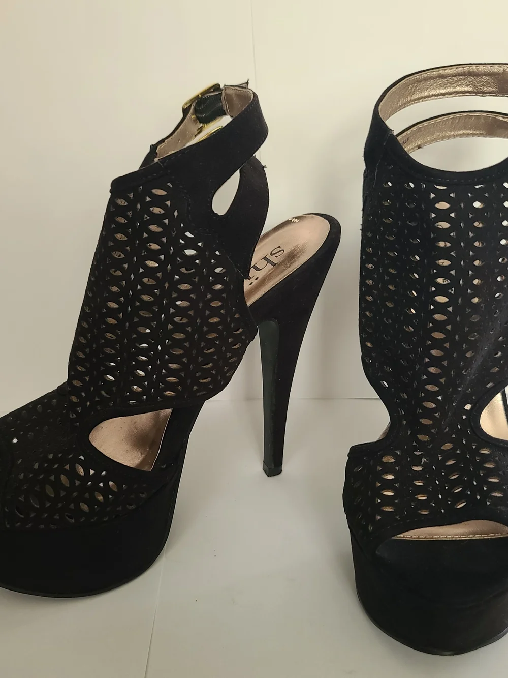 Shi by JOURNEYS Black Laser-Cut Platform Ankle-Strap Heels